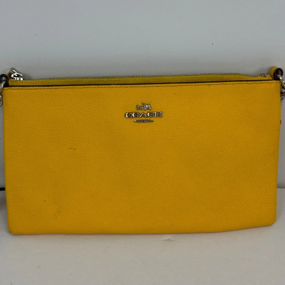 Coach Yellow Crossgrain Leather Crossbody Bag Silver Chain Detail Clutch